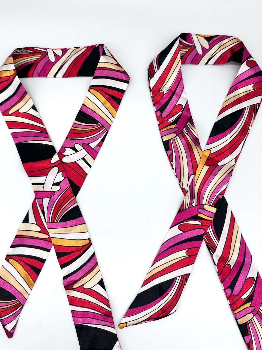 Lot of 2 “33” Abstract Printed Silk Twilly Scarves Pink Orange Black Band Braid